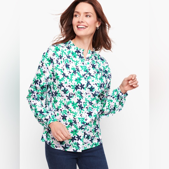 Womens Talbots Floral Print Button Down Ruffled Neckline Long Sleeve Top Shirt‎ - Picture 1 of 8